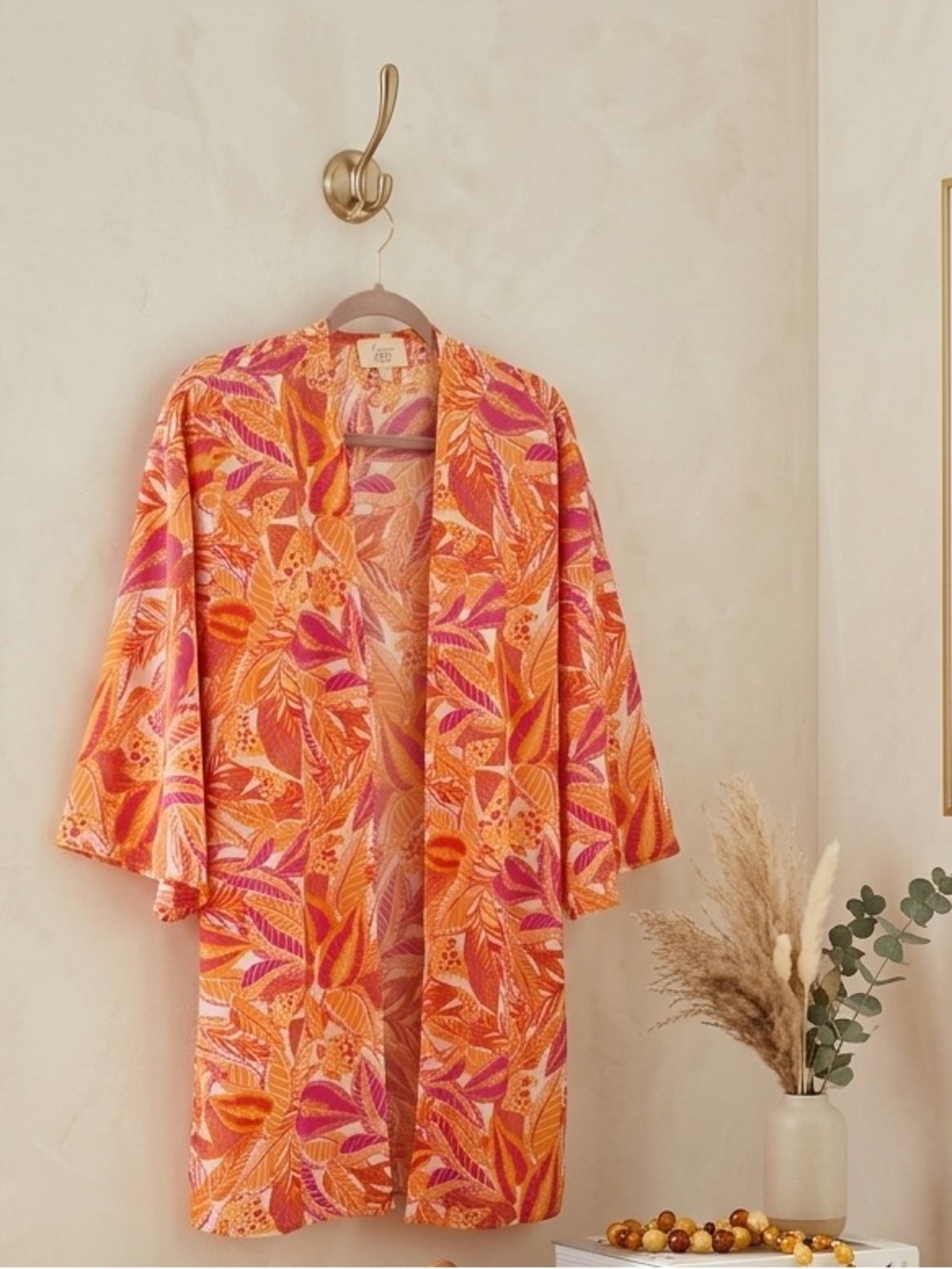 Hippie Rose Orange & Pink Leaf-Print Kimono